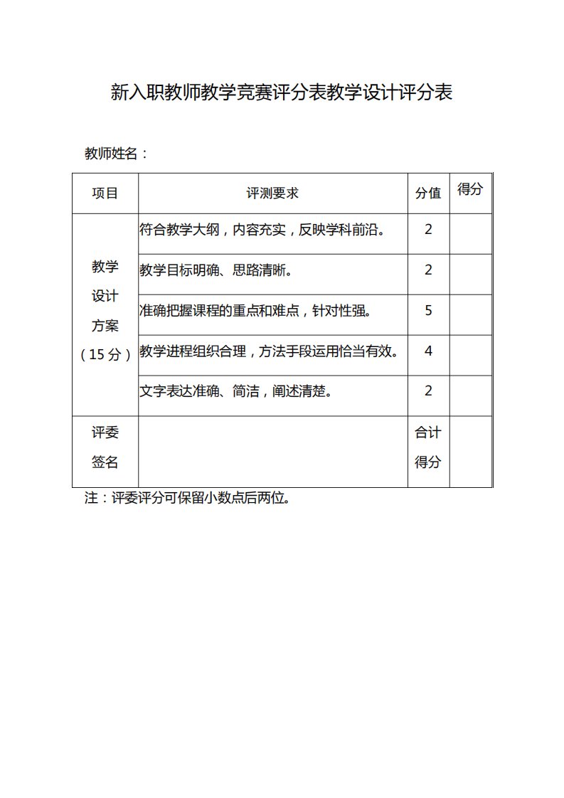 新入职教师教竞赛评分表教学设计评分表