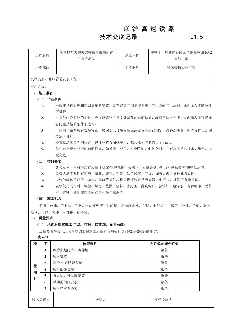 技术交底(通风管道安装工程)