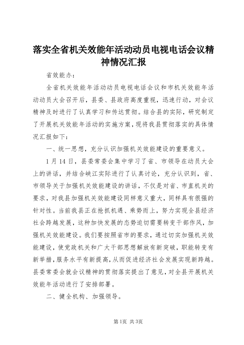 落实全省机关效能年活动动员电视电话会议精神情况汇报