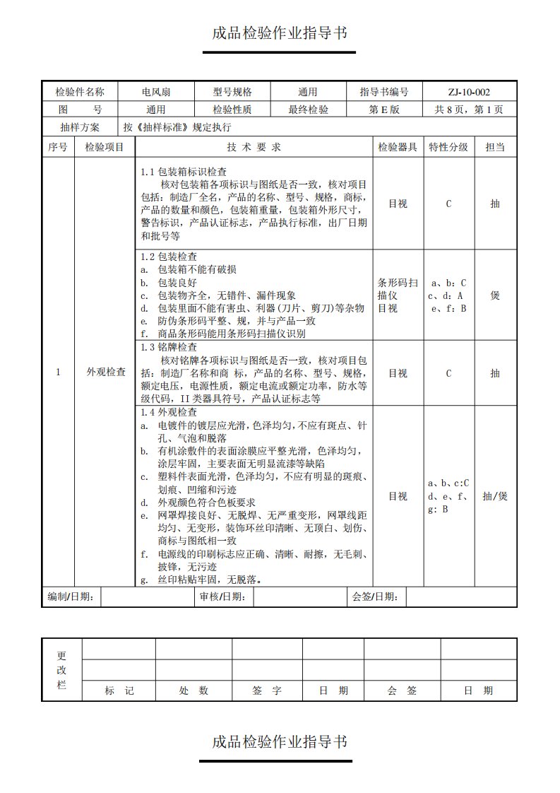 电风扇成品检验指导书检验规范标准