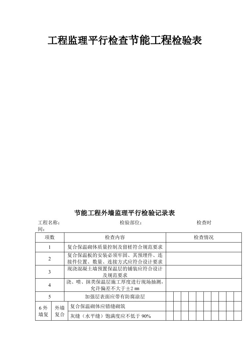 工程监理平行检查节能工程检验表