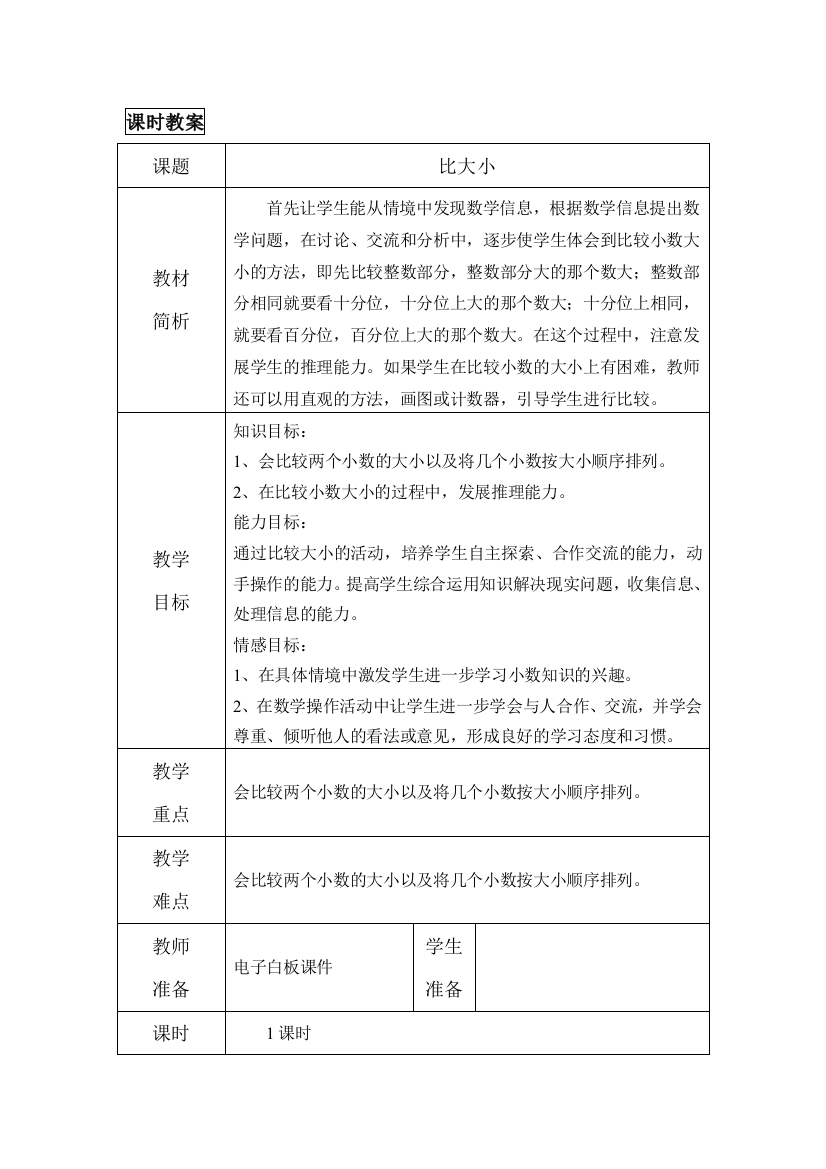 小学数学北师大四年级《比大小》教案