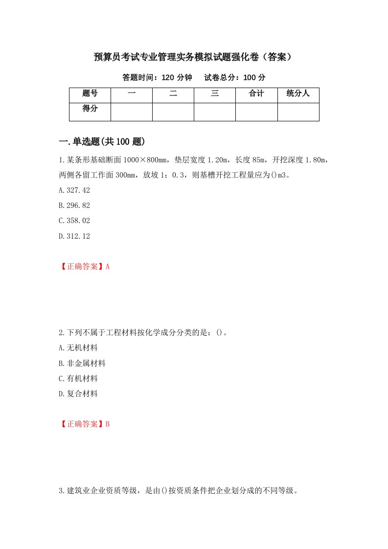 预算员考试专业管理实务模拟试题强化卷答案21