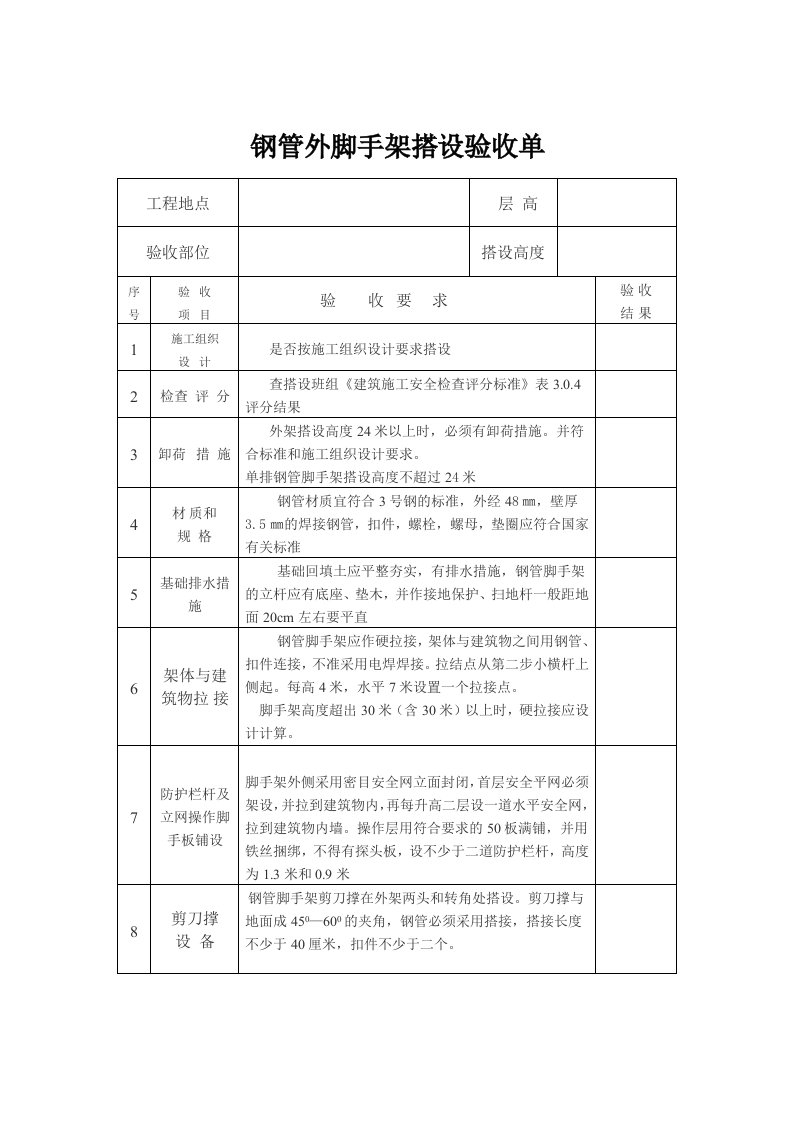 钢管外脚手架搭设验收单