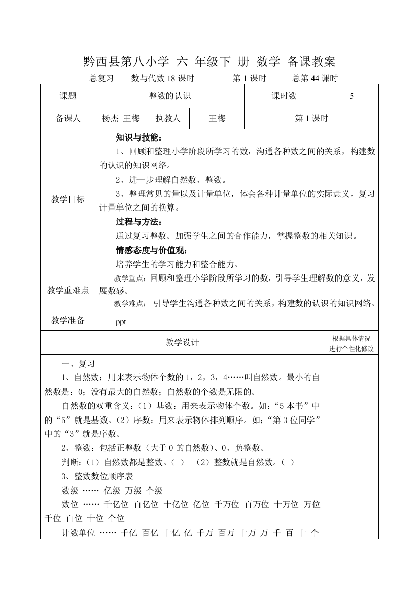 苏教版六年级数学数与代数总复习教案