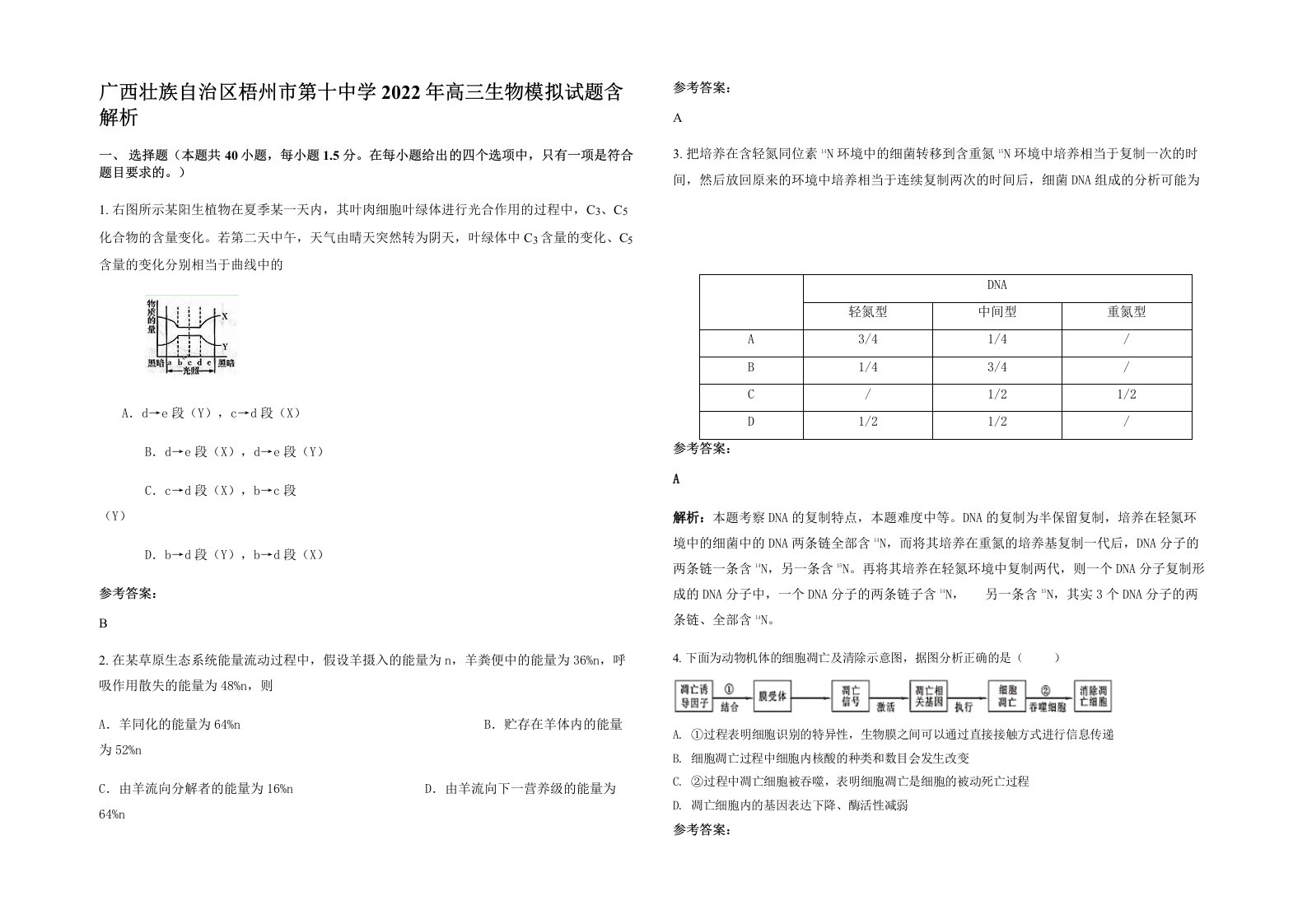 广西壮族自治区梧州市第十中学2022年高三生物模拟试题含解析