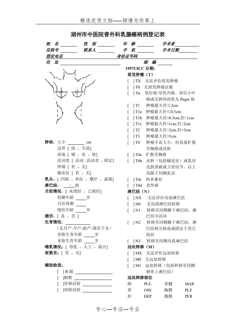 乳腺癌病例登记表格(共2页)