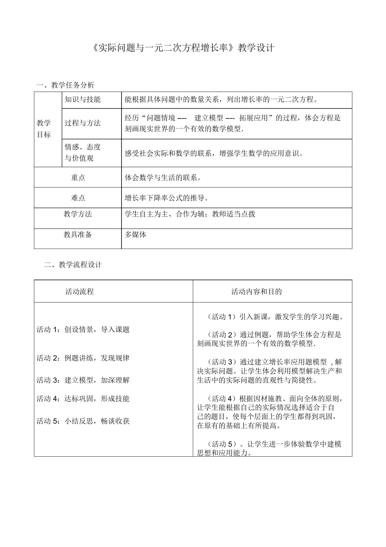 初中数学九年级《实际问题与元二次方程增长率》公开课教学设计