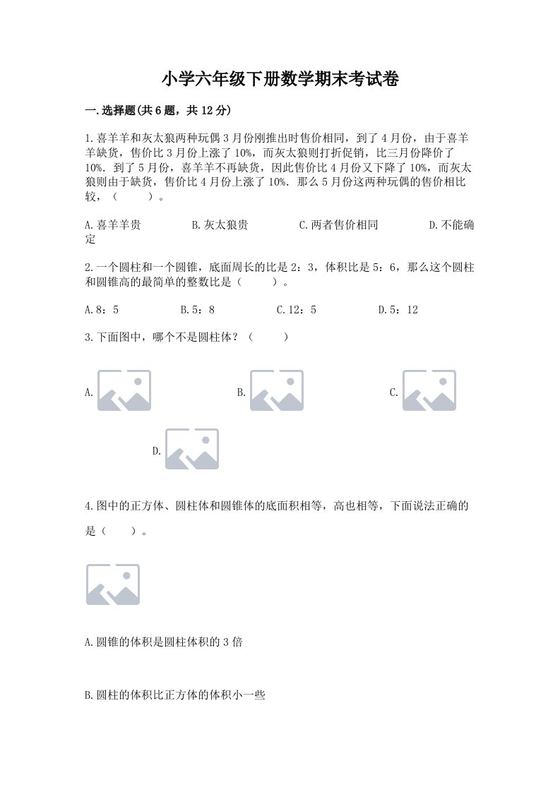 小学六年级下册数学期末考试卷加精品答案