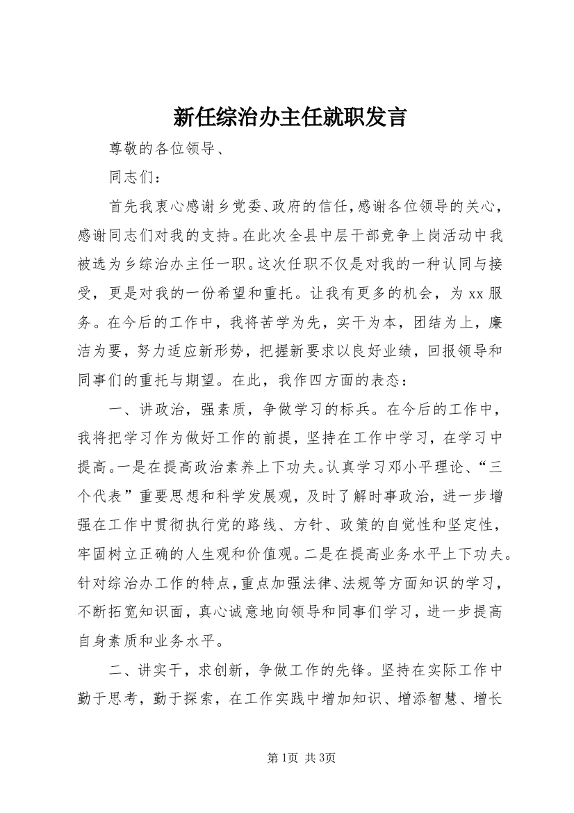 新任综治办主任就职发言