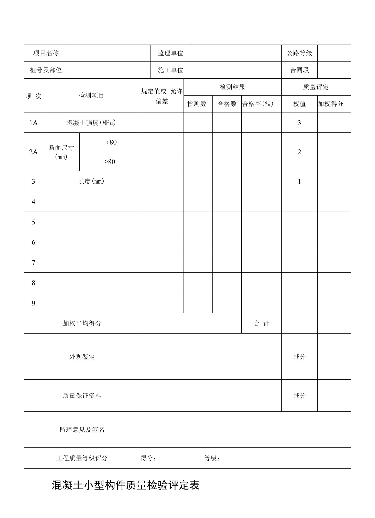 混凝土小型构件质量检验评定表