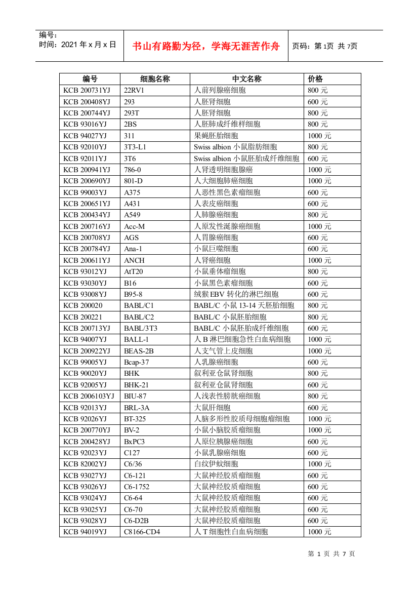 编号细胞名称中文名称价格KCB200731YJ2