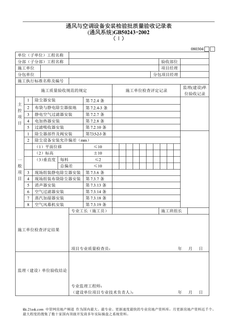 通风与空调设备安装检验批质量验收记录表