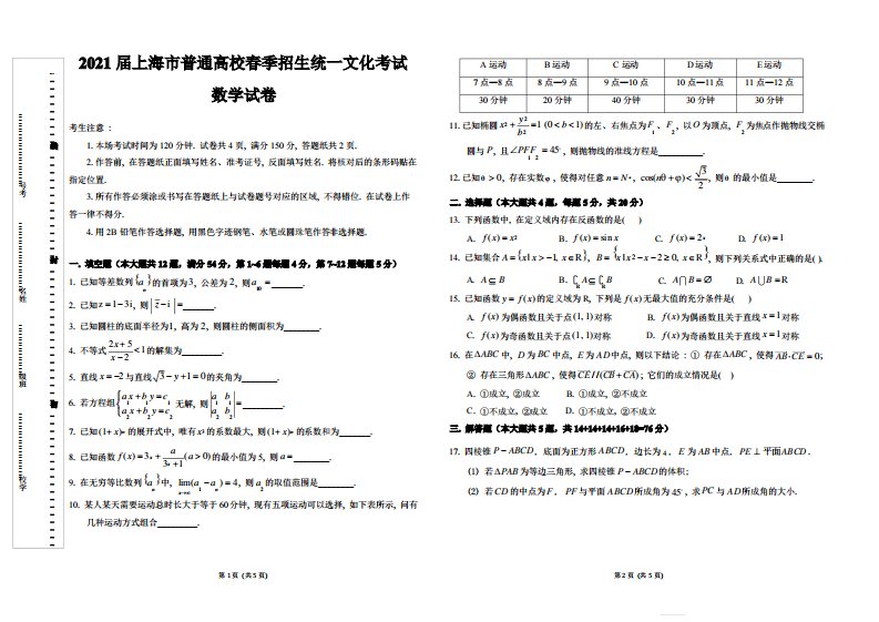 2021年上海春季高考数学试卷及答案