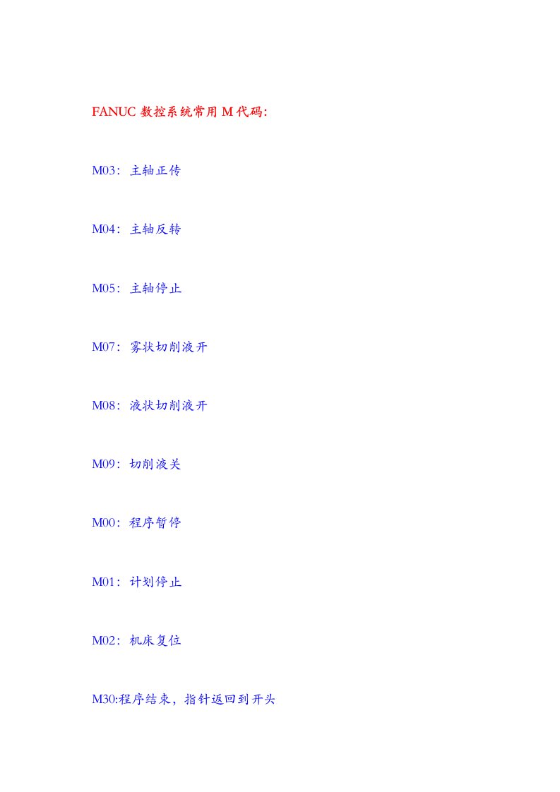 FANUC数控完整系统常用M代码