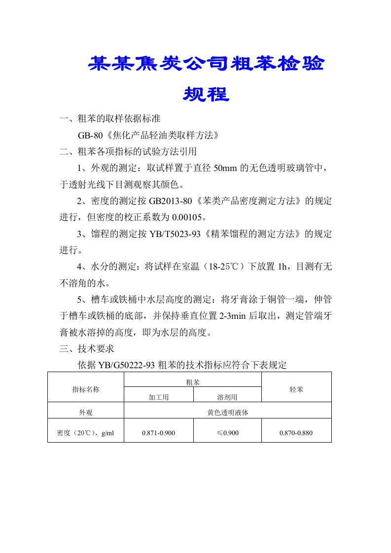 某某焦炭公司粗苯检验规程