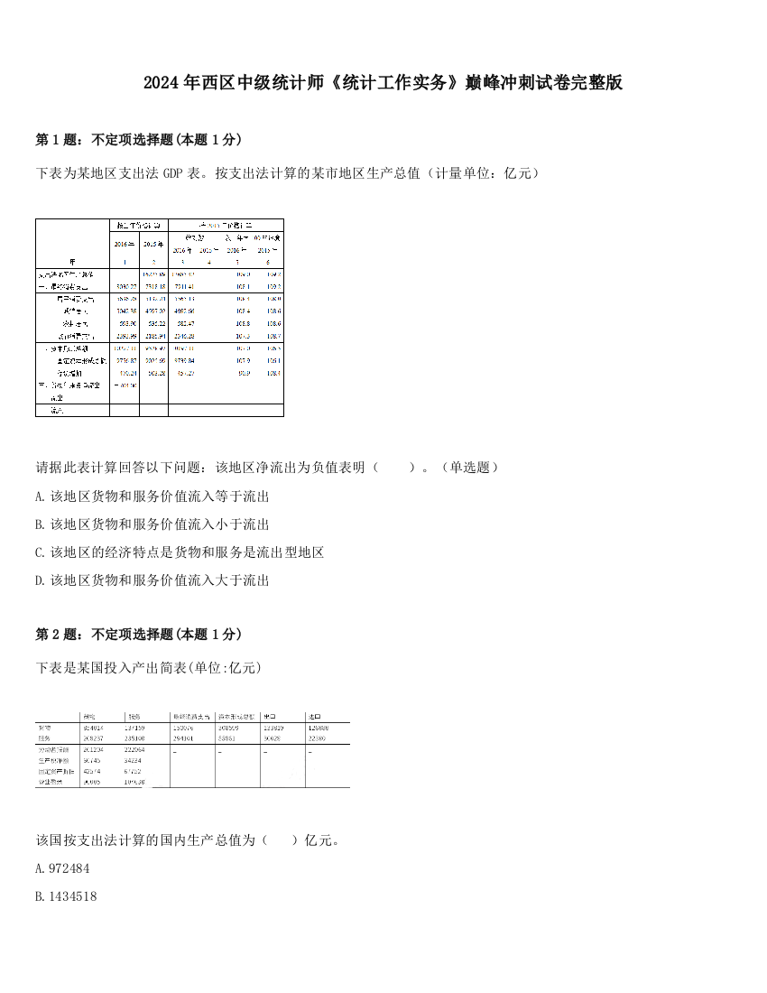 2024年西区中级统计师《统计工作实务》巅峰冲刺试卷完整版