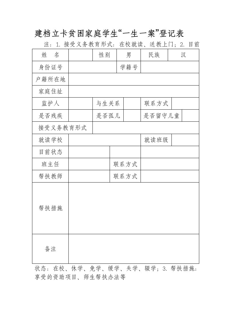 建档立卡贫困家庭学生“一生一案”登记表