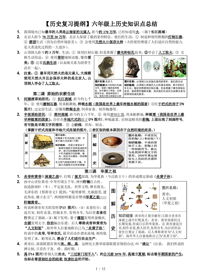 【历史复习提纲】六年级上历史知识点总结