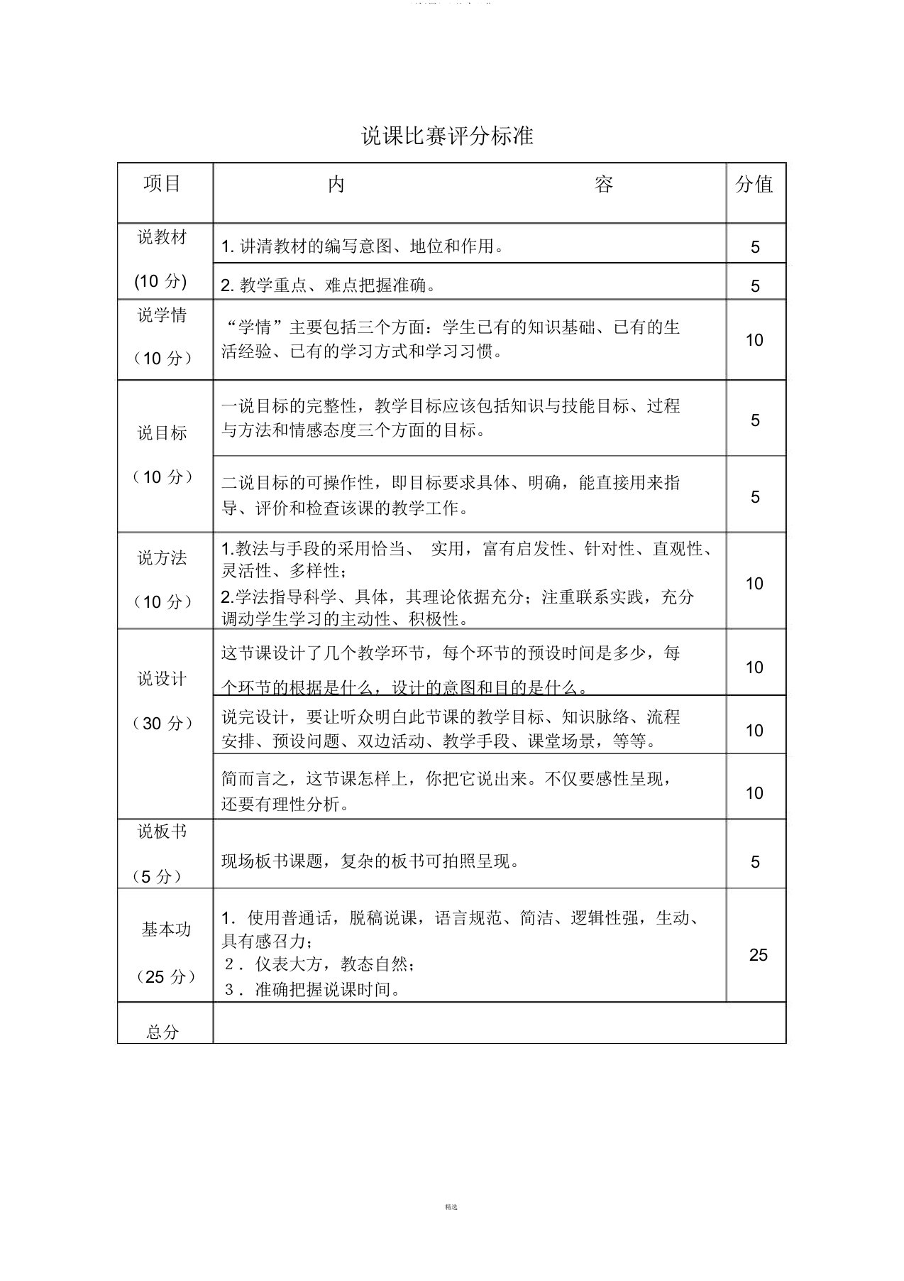 说课评分标准