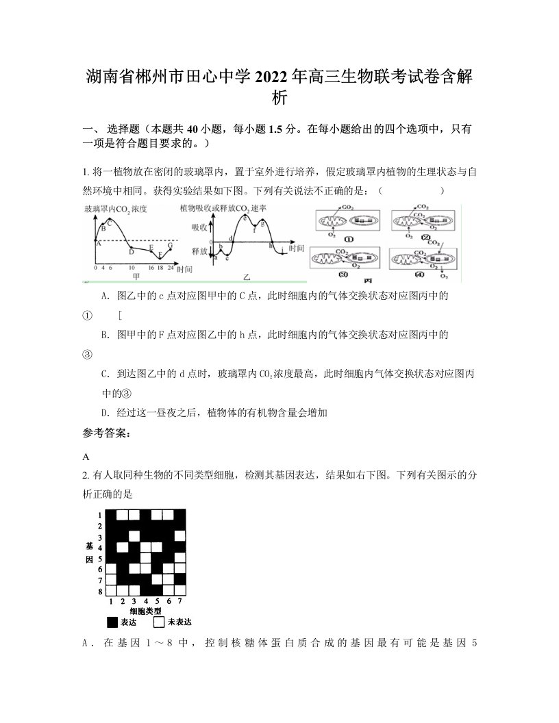 湖南省郴州市田心中学2022年高三生物联考试卷含解析