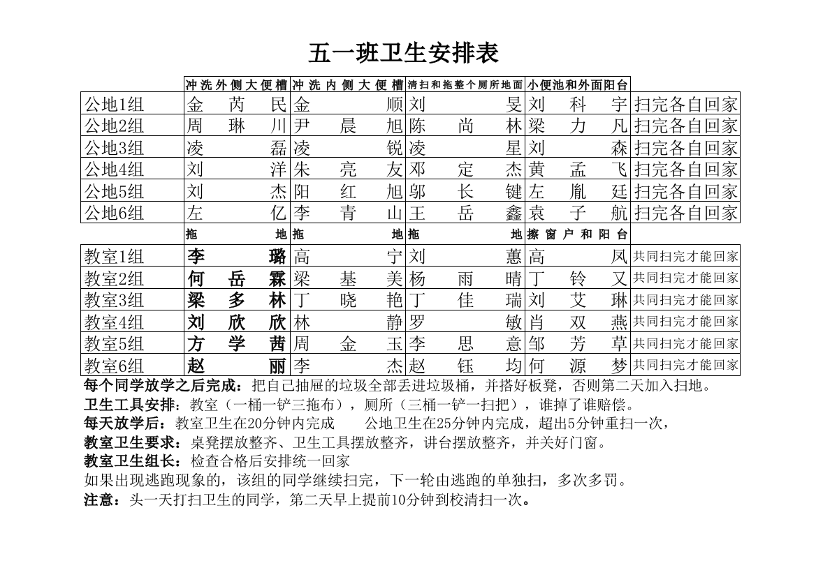 卫生安排表