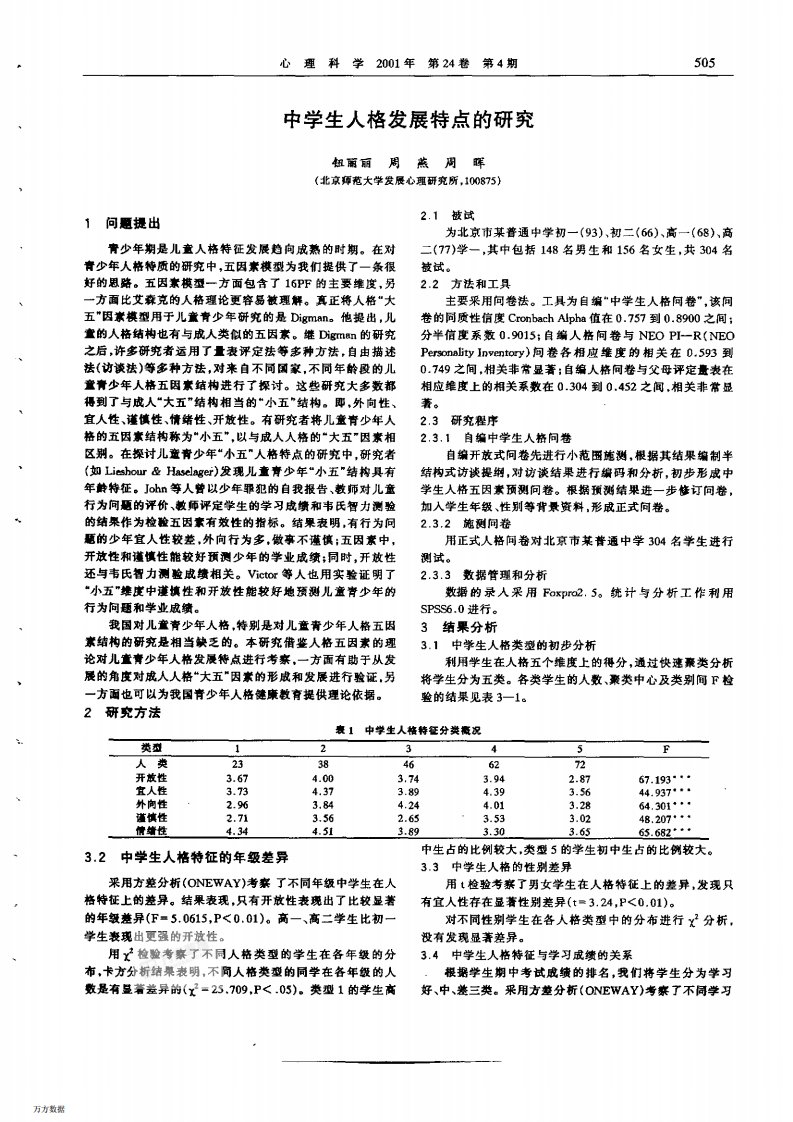 中学生人格发展特点的研究