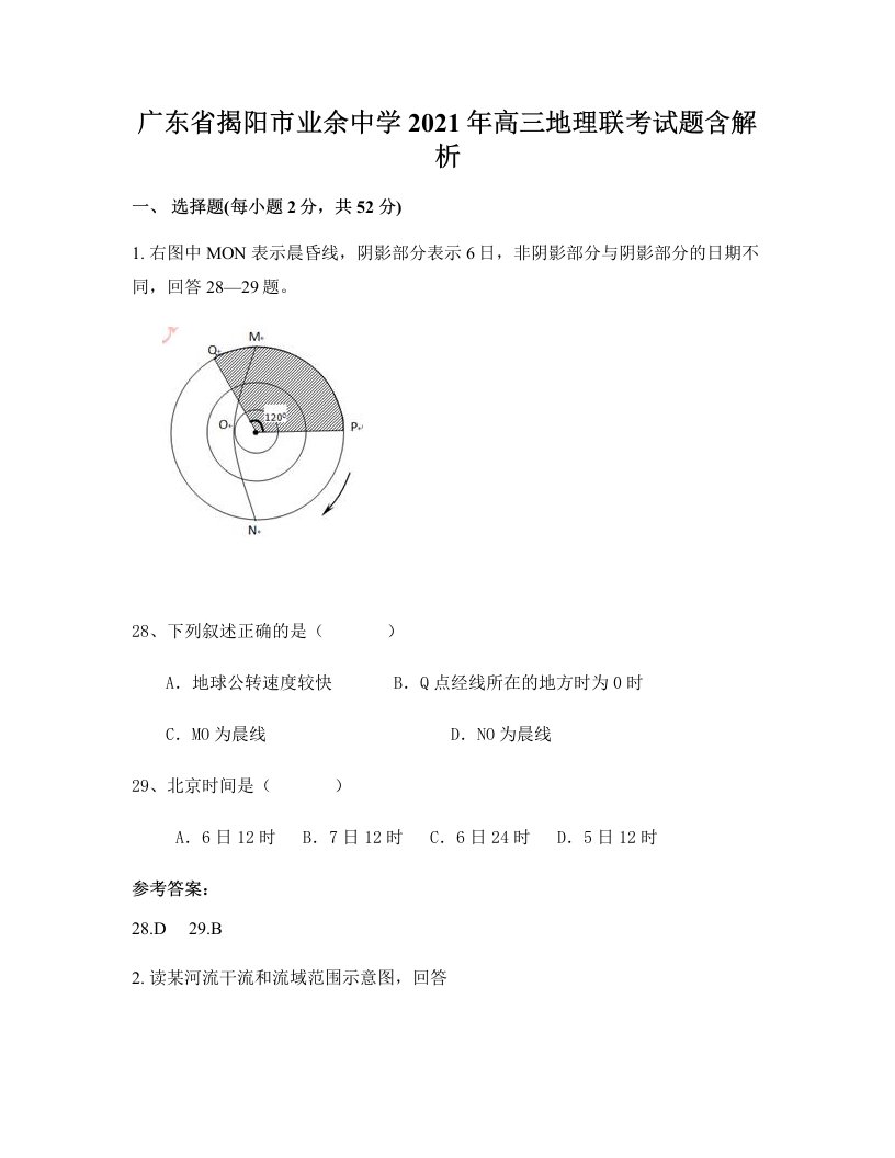 广东省揭阳市业余中学2021年高三地理联考试题含解析