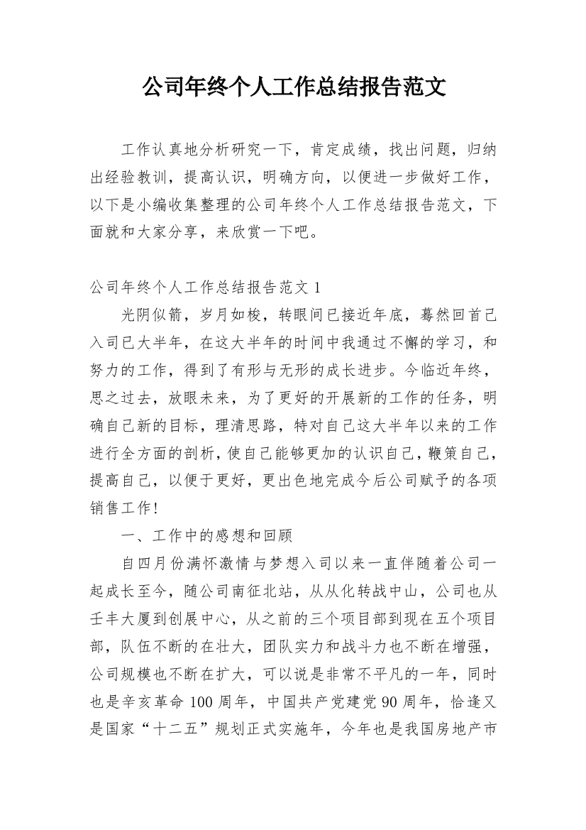 公司年终个人工作总结报告范文