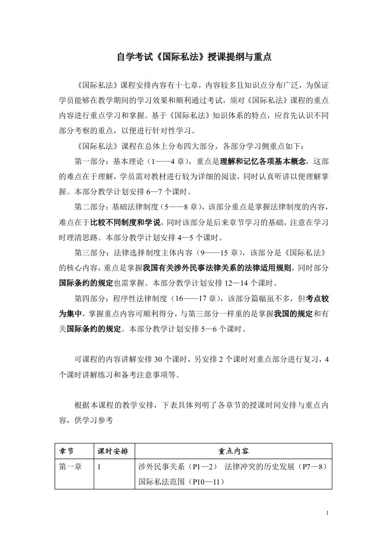 自学考试《国际私法》授课提纲与重点.doc