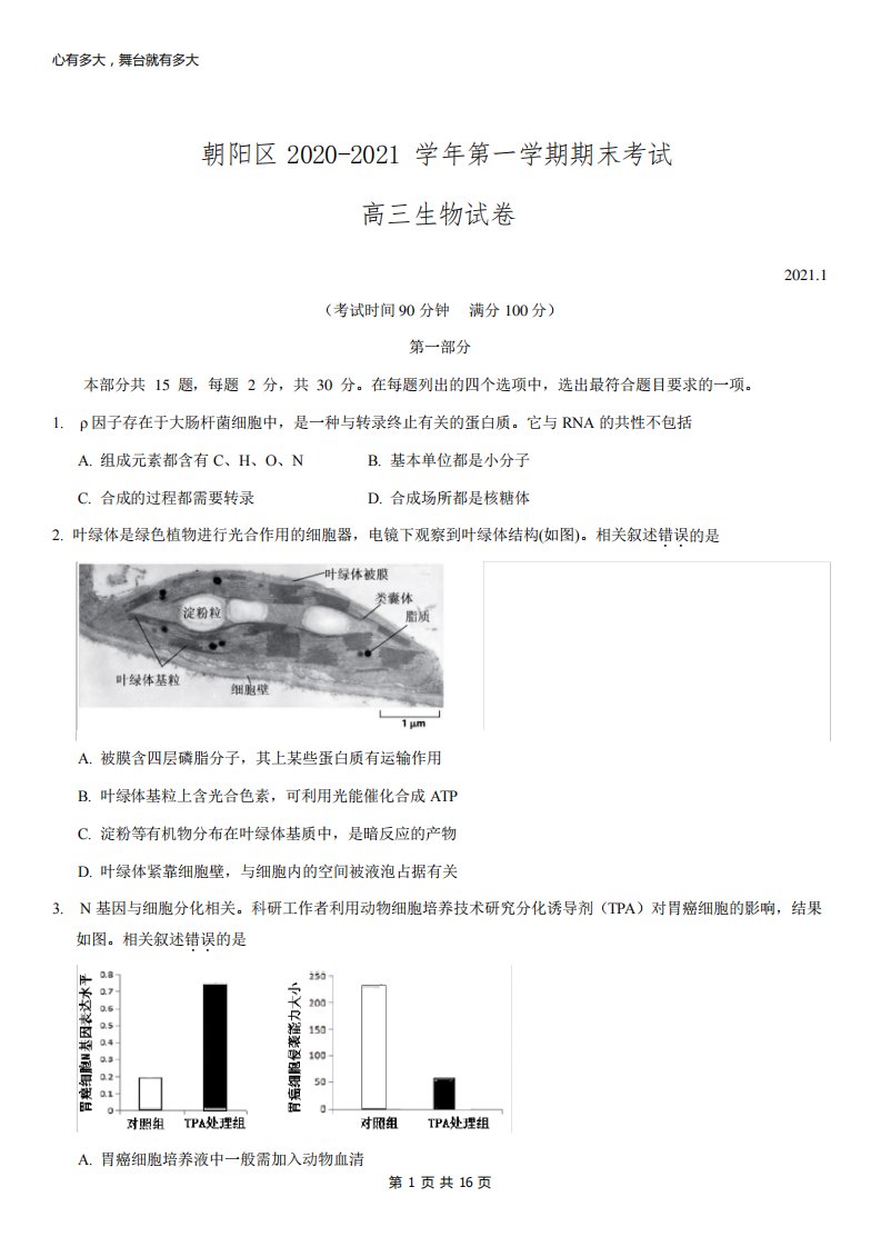 朝阳高三上生物期末试卷及答案