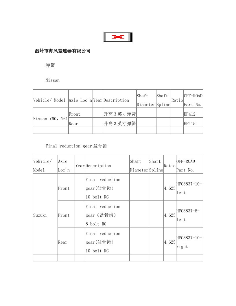 海风差速锁产品型号及应用车型