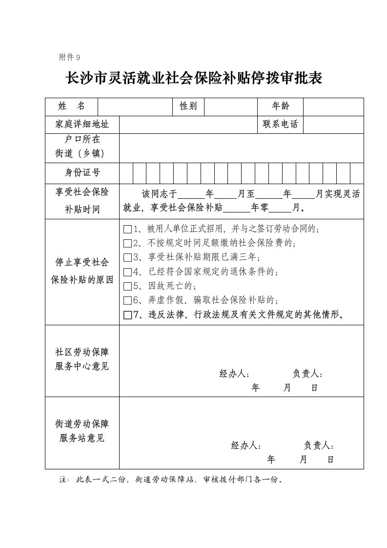 长沙市灵活就业社会保险补贴停拨审批表