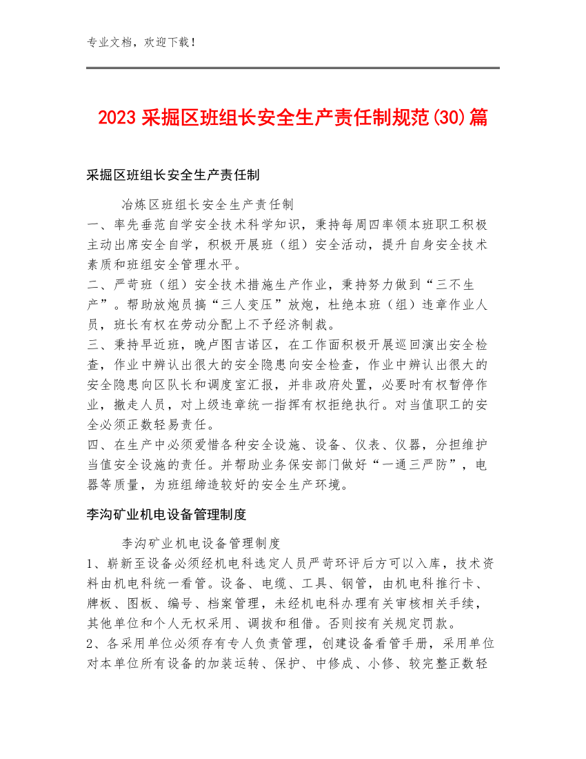 2023采掘区班组长安全生产责任制规范(30)篇