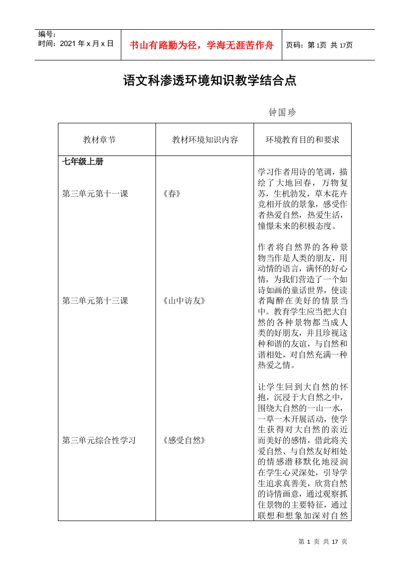 湖景中学学科渗透环境知识教学结合点