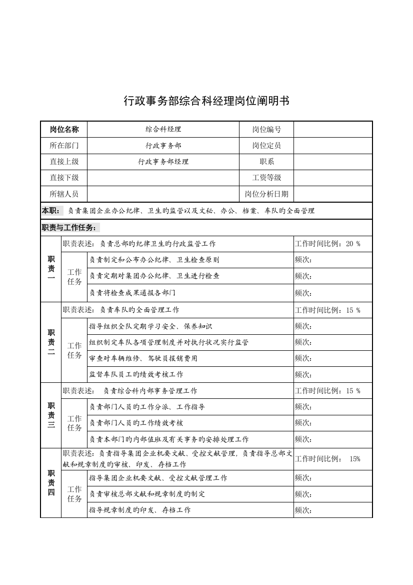 行政事务部综合科经理的岗位说明书