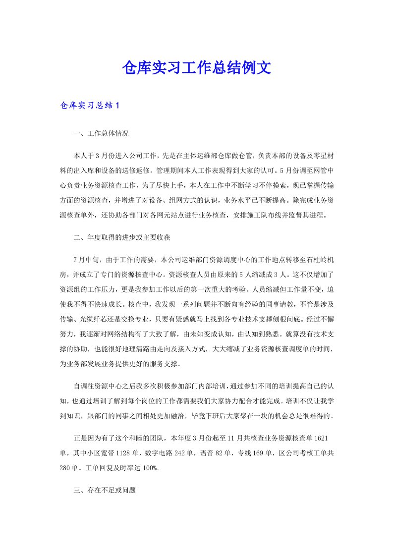 仓库实习工作总结例文