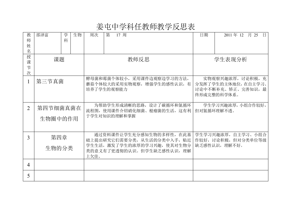 邵泽富第17周教学反思表