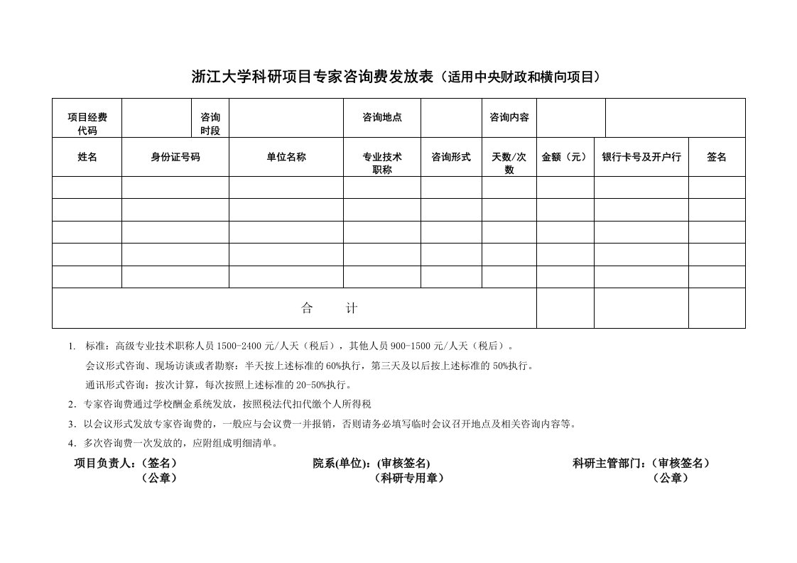 浙江大学科研项目专家咨询费发放表（适用中央财政和横向项