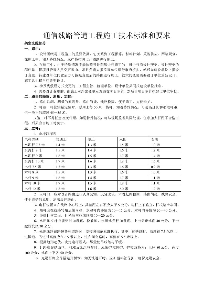 移动通信光缆线路工程施工技术标准和要求