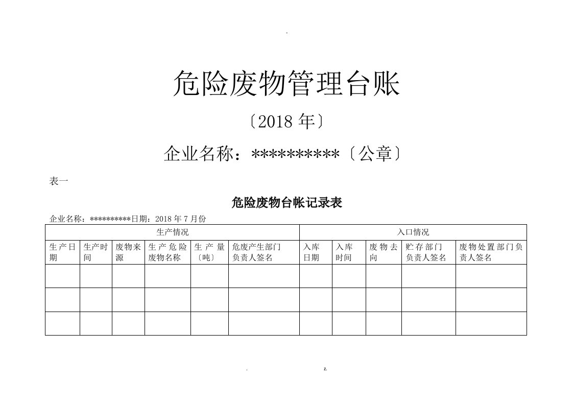 危险废物管理台账