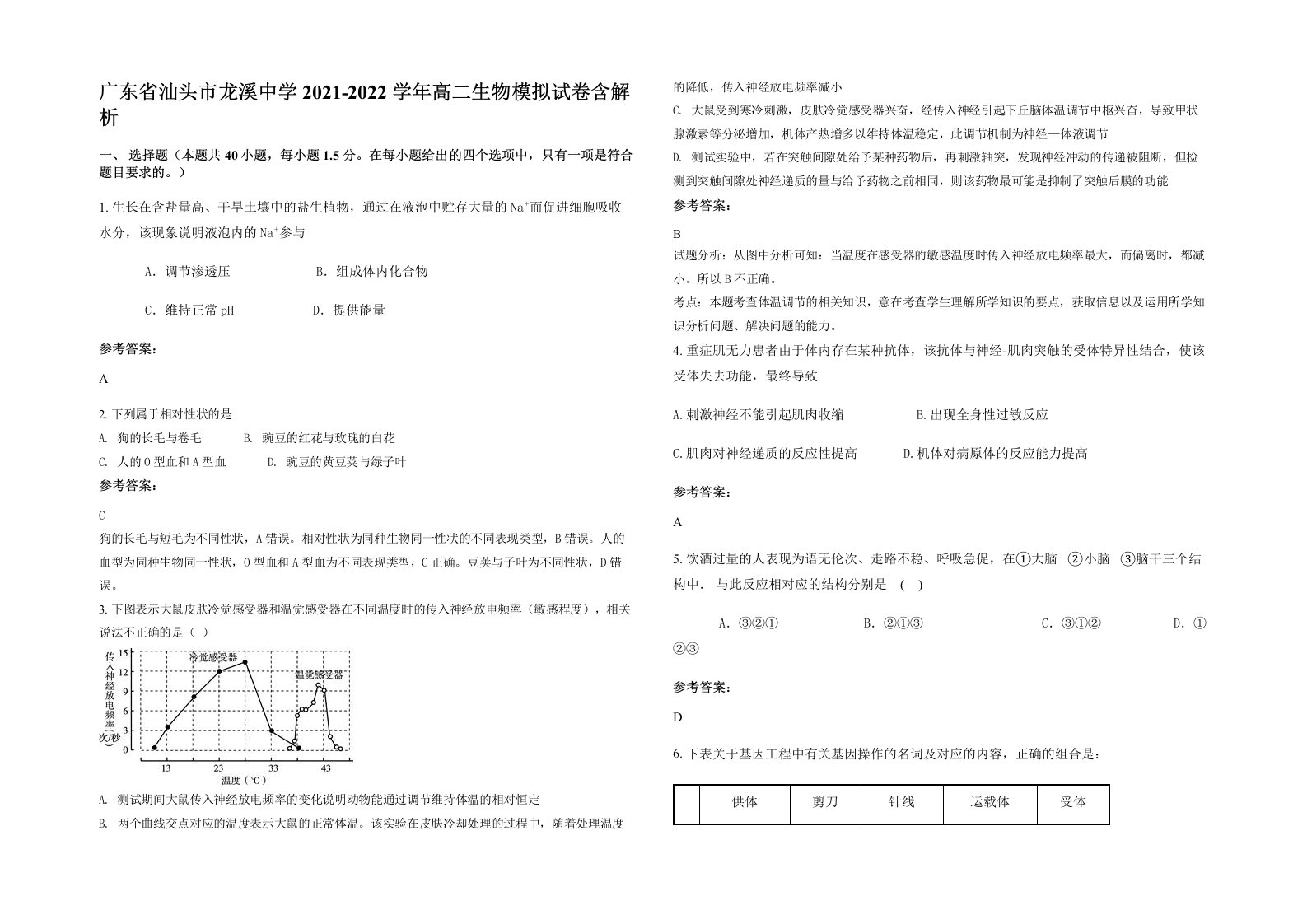 广东省汕头市龙溪中学2021-2022学年高二生物模拟试卷含解析