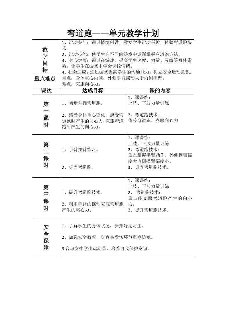 弯道跑——单元教学计划