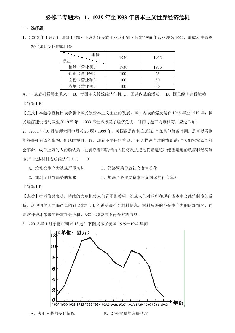 高考历史(必修二专题六)1、1929年至l933年资本主义世界经济危机