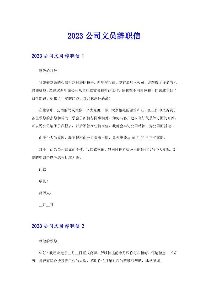 2023公司文员辞职信