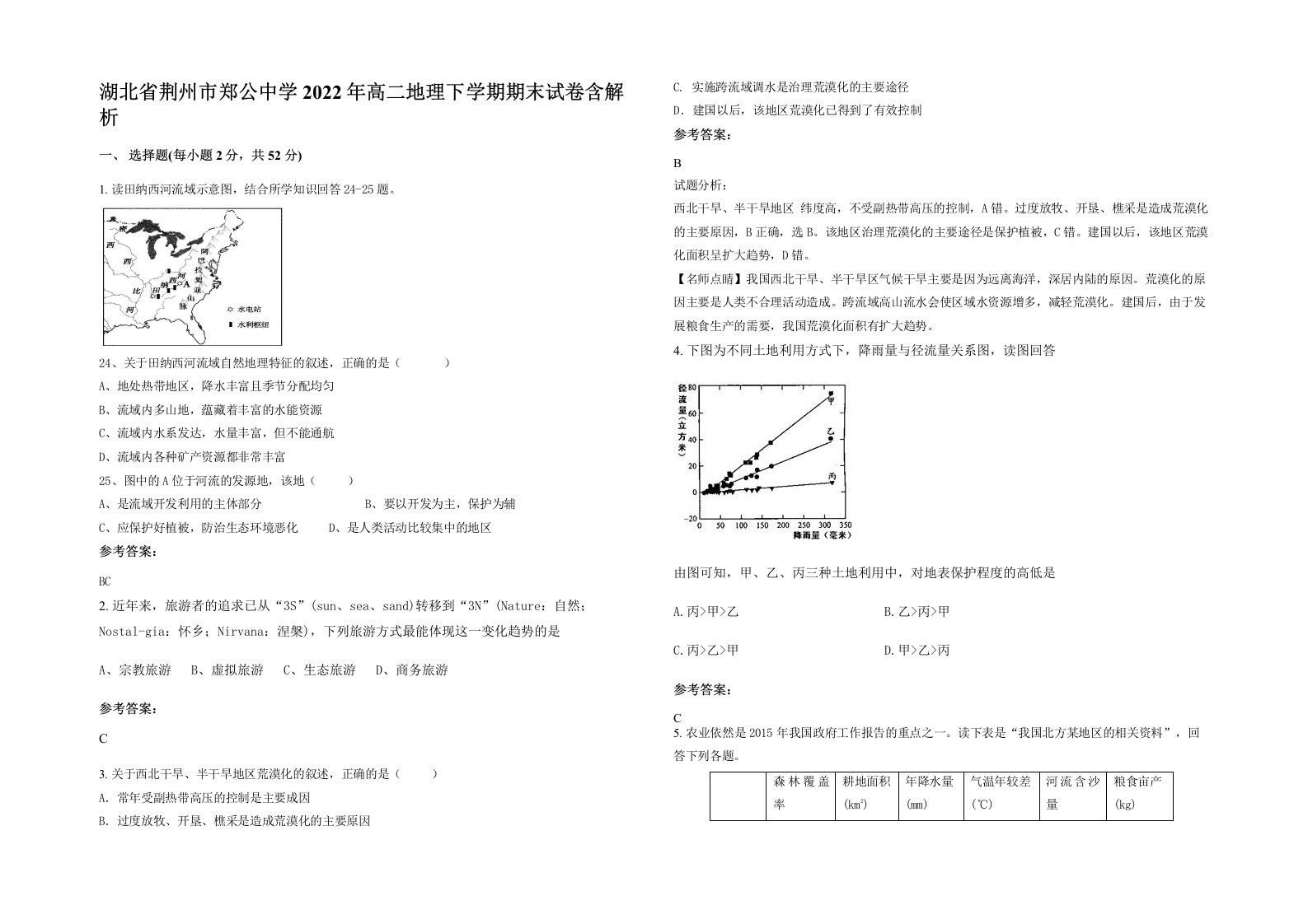 湖北省荆州市郑公中学2022年高二地理下学期期末试卷含解析