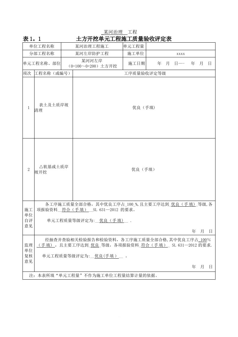 土方开挖单元工程施工质量验收评定表