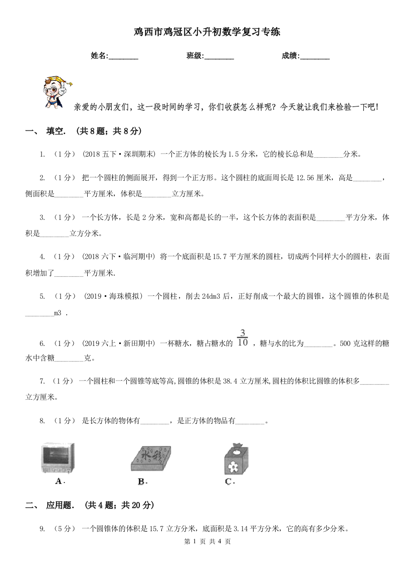 鸡西市鸡冠区小升初数学复习专练