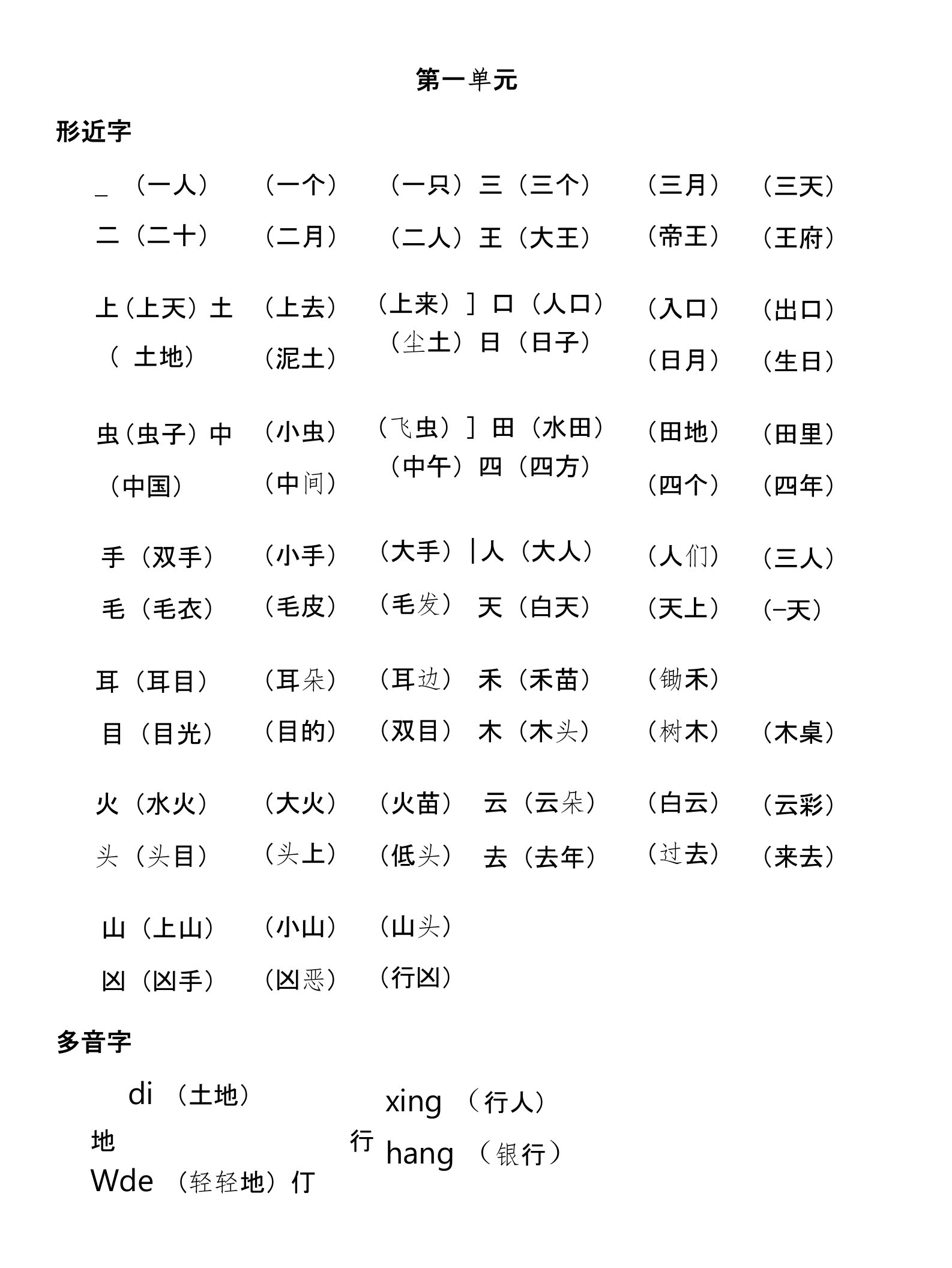 部编版一年级语文上册【多音字+形近字】组词汇总