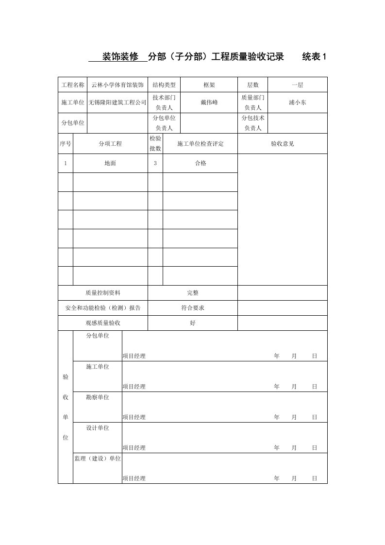 分部(子分部)工程质量验收记录统表